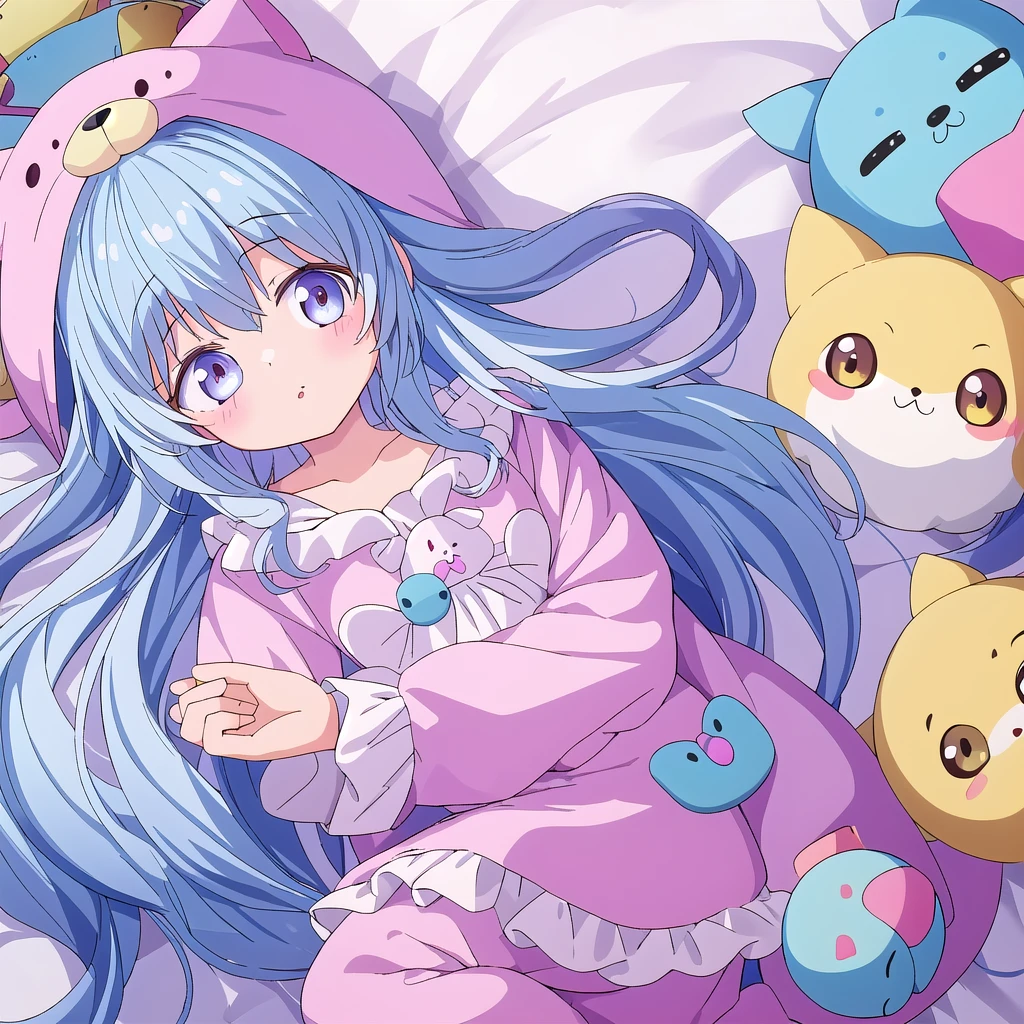 One girl, fluffy、Loose、A heartwarming world、masterpiece, Highest quality,Super detailed, One girl, From above,Little,pastel colour、Sleeping in animal costume pajamas、cute、