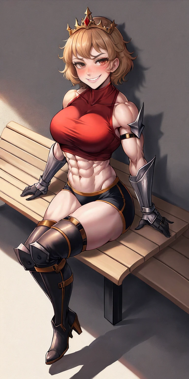 Lancer Artoria, elegant adult female, blonde, green eyes (yellow eyelashes) crown, turtleneck, full body sitting on a bench, showing ass to me, RED breastplate, RED skin (1SologirlRED skin:1.2), looking at viewer, shiny, armor, thigh highs, high boots, pauldrons shoulder armor, faulds, poleyn, RED gloves gauntlets, rerebrace, RED military armored boots, yordle muscular lean platinum blonde long twin tails hairstyle at the bedroom lustful smirking smile face red blushed, blush, strong abs, female body builder, tiara, twin drills hair, (masterpiece, best quality, ultra detailed, best shadow)