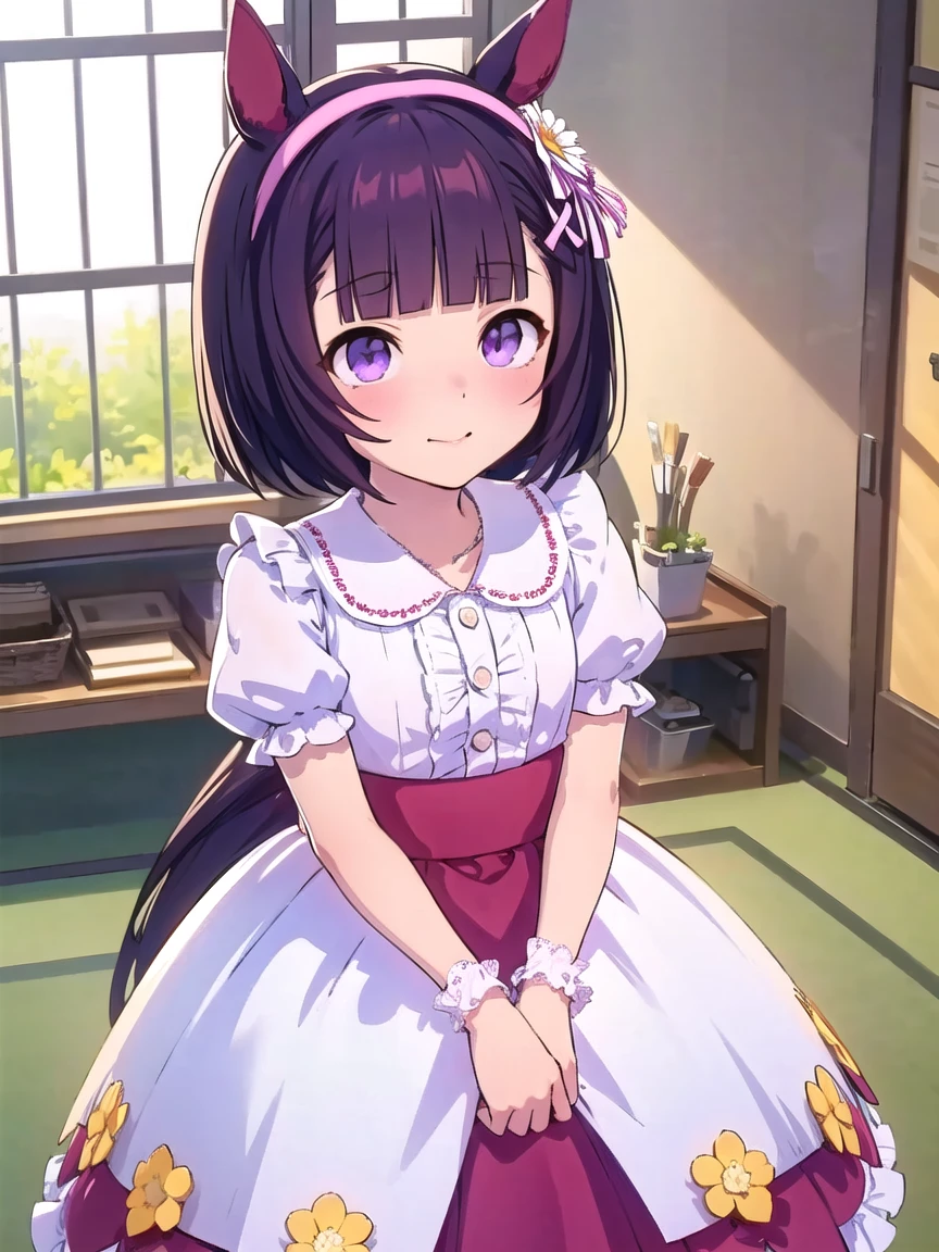 ((masterpiece, best quality)),high resolution,ultra detailed,8k,16k,detailed background, perfect lighting, 1girl,solo,look at viewer,nishino flower,horse girl,horse ear,pink head band,bob cut,purple eyes,black hair,purple ,