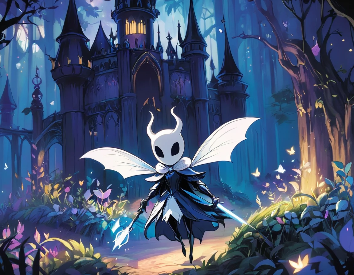 Cartoon image of a dark castle with a ghost in the middle, Hollow Knight concept art, portrait of Hollow Knight, Hollow Knight style, Hollow Knight, ( ( ( ( ( and Mumford ) ) ) ) ), the knight from Hollow Knight, Hollow Knight screenshot, el bosco and and Mumford, studio ghibli and and Mumford, hornet from Hollow Knight, Macbeth Poster.