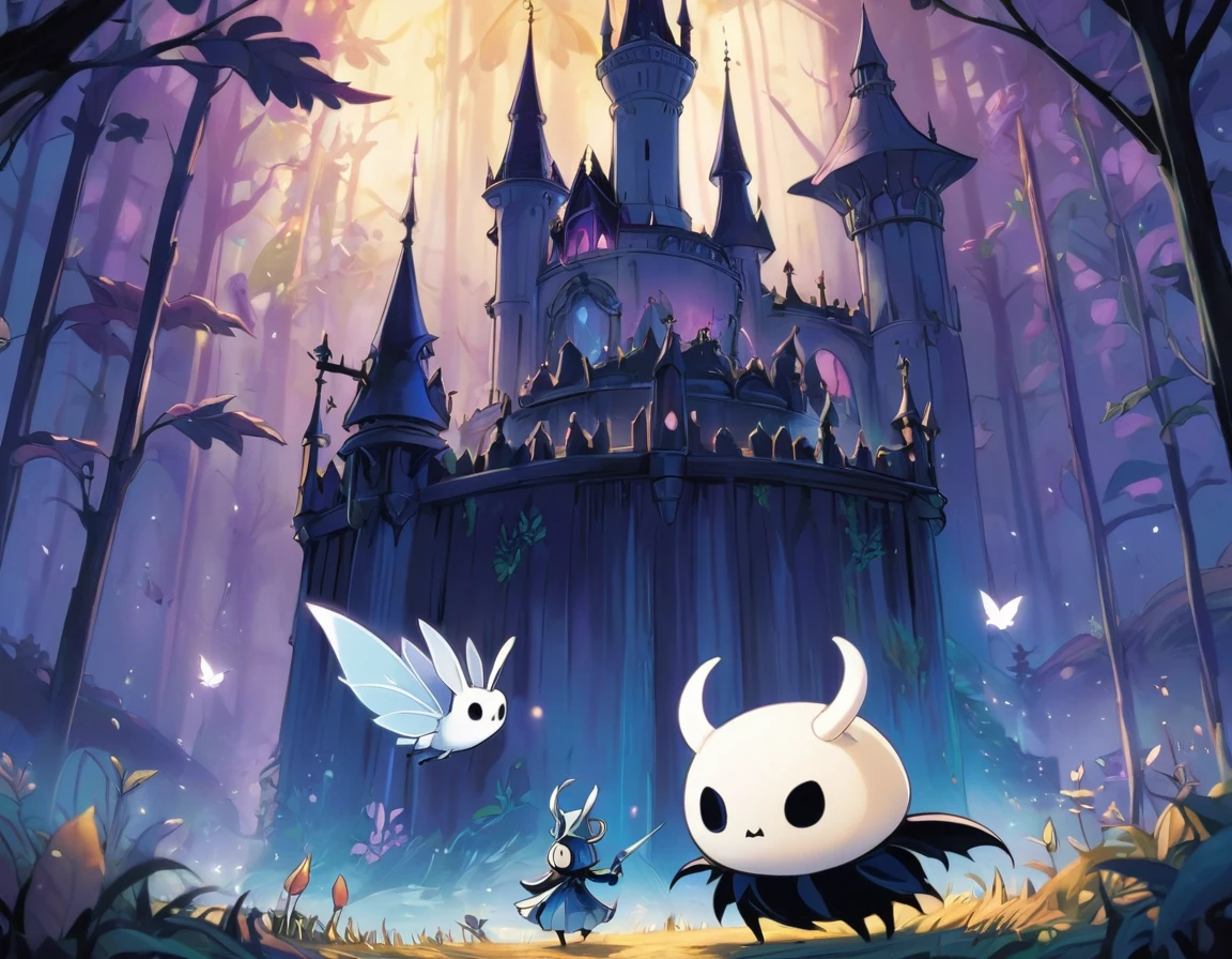 Cartoon image of a dark castle with a ghost in the middle, Hollow Knight concept art, portrait of Hollow Knight, Hollow Knight style, Hollow Knight, ( ( ( ( ( and Mumford ) ) ) ) ), the knight from Hollow Knight, Hollow Knight screenshot, el bosco and and Mumford, studio ghibli and and Mumford, hornet from Hollow Knight, Macbeth Poster.