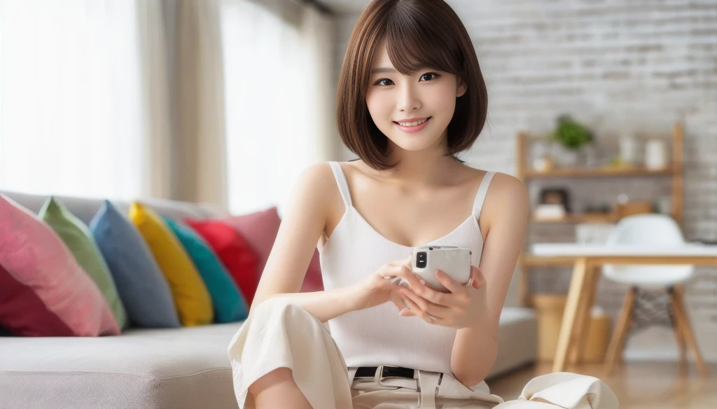 masterpiece, realistic, photorealistic, best quality, beautiful detailed, natural lighting, sharp focus, depth of field, cleavage, best quality real texture skin, Detailed beautiful delicate face and eyes, beautiful Japanese young woman, eyes open, looking at viewer, best quality real texture skin, Detailed beautiful delicate face and eyes, double eyelid, smile:1.2, white teeth:1.2, very short straight brown hair,