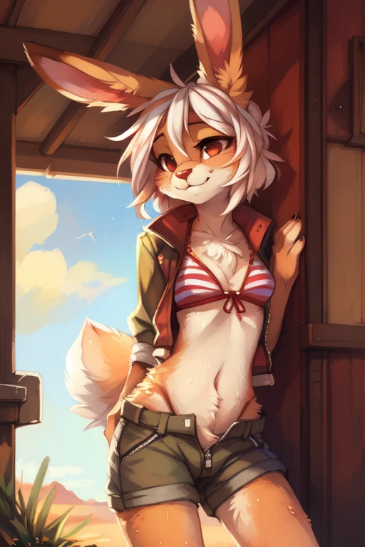 by kenket, by Zackary911, by hyattlen, by teranen, by fumiko, by Pixelsketcher, by Bayard Wu, by Einshelm, by Kilinah, by Hioshiru, by fluff-kevlar, by Dimwitdog, Furry, Anthro, solo, ((bunny)), ((female)), ((slender)), ((young)), ((fluffy tail)), innocent look, floppy ears, ears down, short white hair, small breasts, short bunny tail, bikini, crotch zipper, unzipped, chest fluff, erotic pose, seductive, smug, desert, trailer park, dirty, sweaty