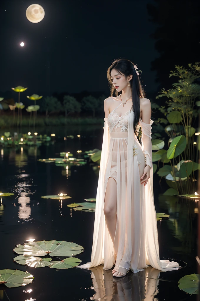 (((best quality))),(((ultra detailed))),(((masterpiece))),illustration,((1 beautiful young  girl,solo)),((slim,thin)),(shoulder length straight hair:1.2),((earrings,necklace)),((small breasts,flat chest)),(see through traditional pink sheer Hanfu dress:1.3),((slender legs,bare legs,loafers)),(beside the lotus pond full of lotus flowers:1.3), serene moonlight, ethereal,floral pattern, water movement, billowing fabric, tranquil, moon reflection, petals, fireflies, magical, light,warm light, dreams, invitation, (standing:1.3),(arms behind back:1.3),gazing, reflection, inner thoughts, emotional, sweet scent, natural beauty, solitude, hypnotic lull, eternal summer,(night scene:1.3), natural world, human spirit, celebration, backdrop, water, glow,((from front,full body))