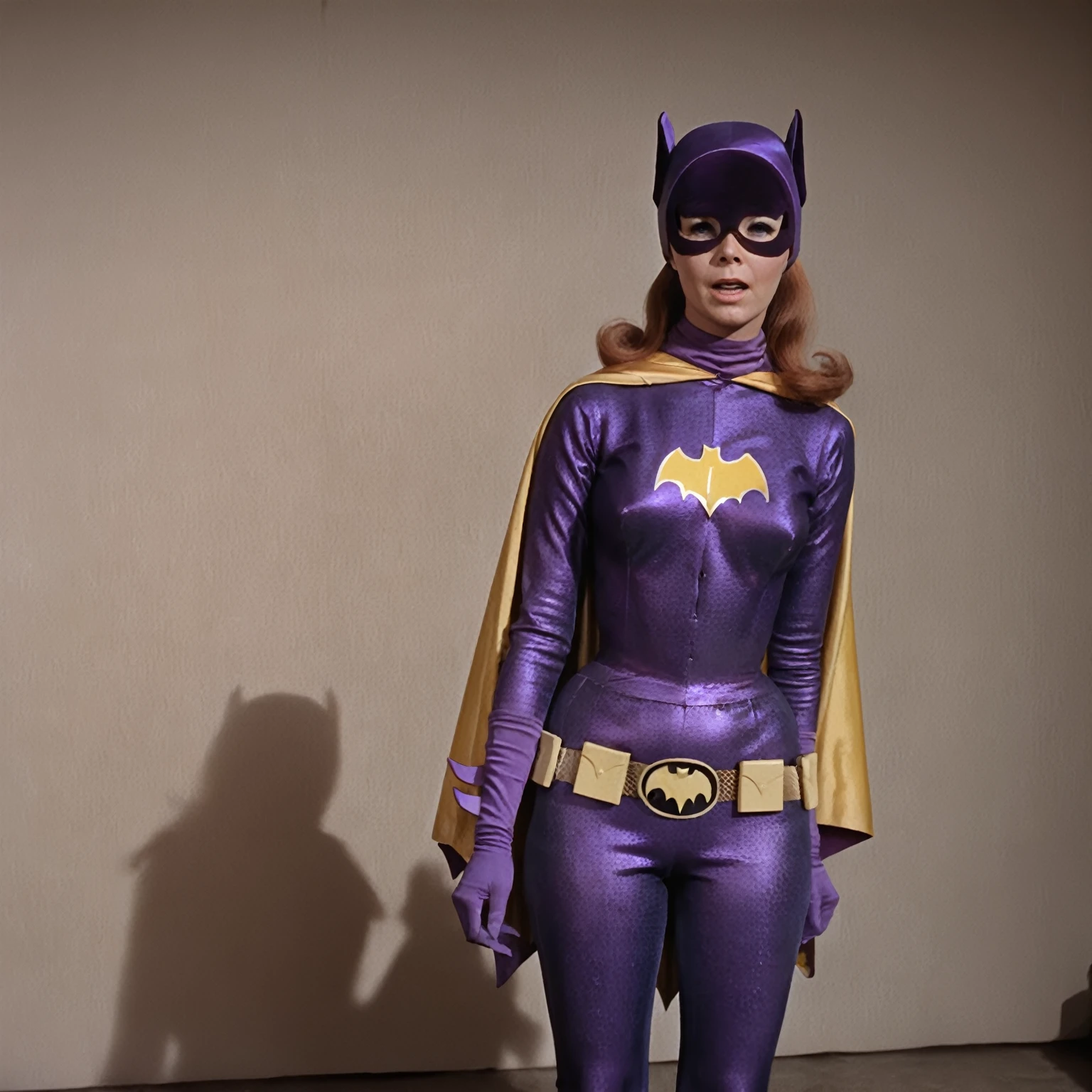 yvonne craig woman, standing facing camera, shrugged shoulders, her body is tied, she squeezed, she is in pain , 60's style, analog film, snapshot, film grain