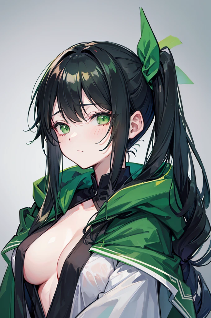 portrait, upper body face through torso, black hair, long wavy side ponytail, eromanga, half closed eyes, green eyes, sleepy face,dark green cloak, boob(b)