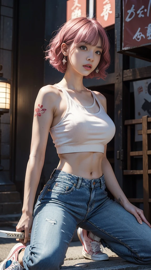 Cute Japanese woman, (16 years old), (very cute face: 1.3), red lips, white moist skin, moles, melancholy expression,
BREAK,
Body of female fitness model, hard-toned feminine body, (muscles: 1.2), (beautiful belly button),
BREAK,
Martial artist, kung fu fighter, idol,
BREAK,
(oversized jeans: 1.3), (tank top), (white sneakers: 1.3), very large earrings, short length,
BREAK,
Short hair, (short bob hair), (bangs: 1.2), (pink hair: 1.3), (wavy hair),
BREAK,
(very large Japanese sword: 1.4), (holding the handle of a Japanese sword in hand: 1.3), (fighting: 1.2), (taking a fighting stance), (beautiful Japanese sword: 1.2)
BREAK,
(Japanese tattoo: 1.4),
BREAK,
Masterpiece, perfect lighting, ultra high resolution, 8K, (Highly detailed: 1.4), (Front view), Looking at camera,
BREAK,
(Red and white radio tower: 1.2), (Large radio tower background: 1.2), (Neon lights: 1.2)