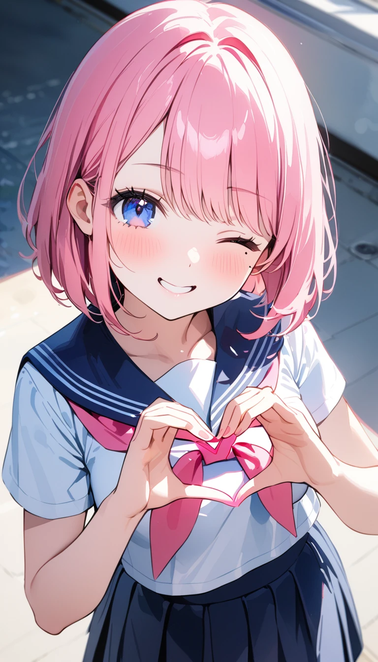 (1 girl),(Best Picture Quality, 8K, Masterpiece:1.3),((watercolor)),(high school student:1.5), ((pink lob hair:1.1)), (bob cut),(swept bangs),BREAK, (cute eyes, pupil black, iris skyblue, youthful face), (mole under right eye), (standard weight), (small breasts),(big hip), (glistening skin:1.1),(pale skin:1.2),BREAK, ((serafuku, white sailor short sleeve simple shirt, darkblue skirt, darkblue sailor collar, pink ribbon)),BREAK,(heart hands),(wink, one eye closed),(from above),(portrait),(happy).