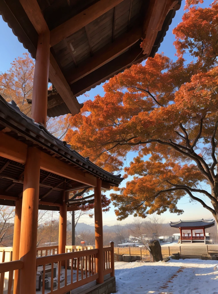 shrine、sunny winter weather、the leaves wither and fall、It's snowing all around、snow covered plants、kimono、Plain white kimono exposing the chest、The skirt part is red、Miko、Standing in front of the torii gate with the shrine behind、 Sakimi-chan,, nice and cute, innocent smile, , nice smile, Sakimi-chan Hdri、 big breasts、,(はちきれそうなbig breasts:1.20),(beautiful big breasts 1:1)、brown hair、brown hairの髪、Floral ornament on the head、beautiful eyes、 With short bob