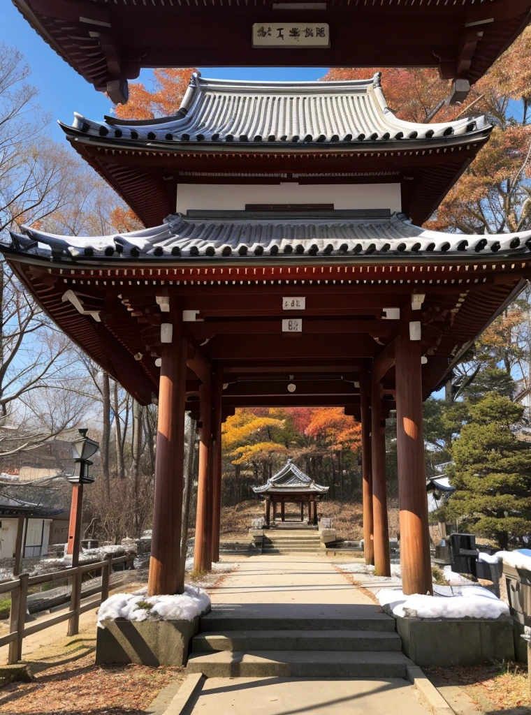  shrine、sunny winter weather、the leaves wither and fall、It&#39;s snowing all around、snow covered plants、kimono、Plain white kimono exposing the chest、The skirt part is red、Miko、Standing in front of the torii gate with the shrine behind、 Sakimi-chan,, nice and cute, innocent smile,  , nice smile, Sakimi-chan Hdri、 big breasts、,(はちきれそうなbig breasts:1.20),(beautiful big breasts 1:1)、brown hair、brown hairの髪、Floral ornament on the head、beautiful eyes、 With short bob