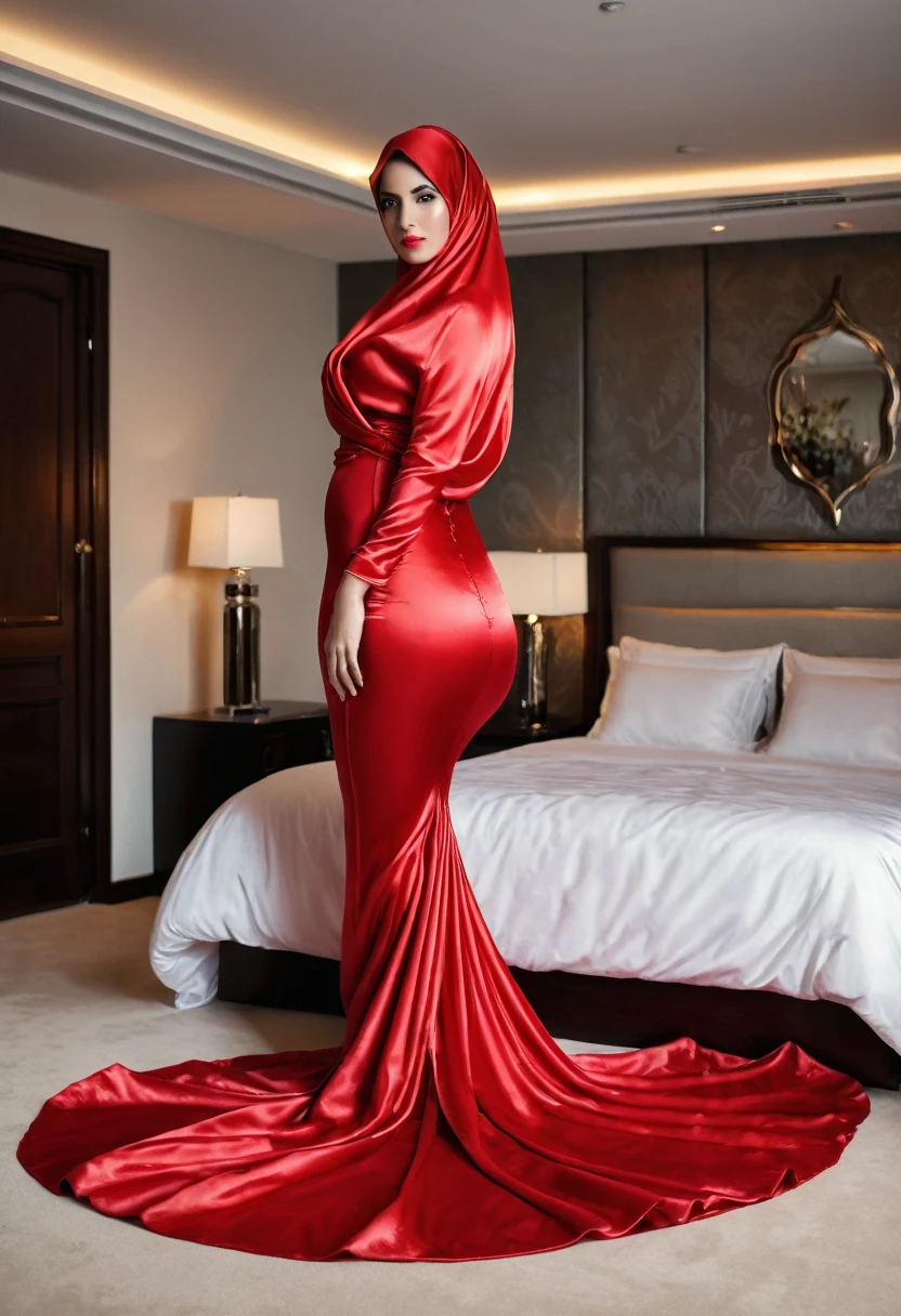 a sexy a woman covered in large red satin cloth, tied tightly with the satin cloth, mummified, the satin hanging down very long, a mermaid style dress, wearing a satin hijab, the satin cloth is very long, forming the curve of the body, wide and dramatic satin fabric tail , full body pose, see camera, in luxury bedroom, masterpice, 4k resolution, ultra-realistic, highly detail.