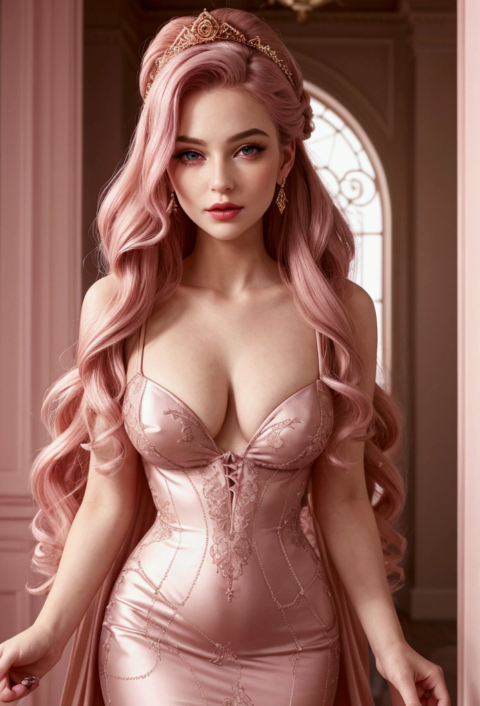 A charming and sexy woman,177 cm tall,Brightly dressed,Long pink hair,Free hands,Indifferent eyes,standing beside window,Behind her was a magical scene,Masterpiece-quality CG,hyper HD,high rise,depth of fields,16k,best qualityer,high detal,textureskin,anatomy correct,softlighting,Facialbrightening,Extremely detailed full-body photo