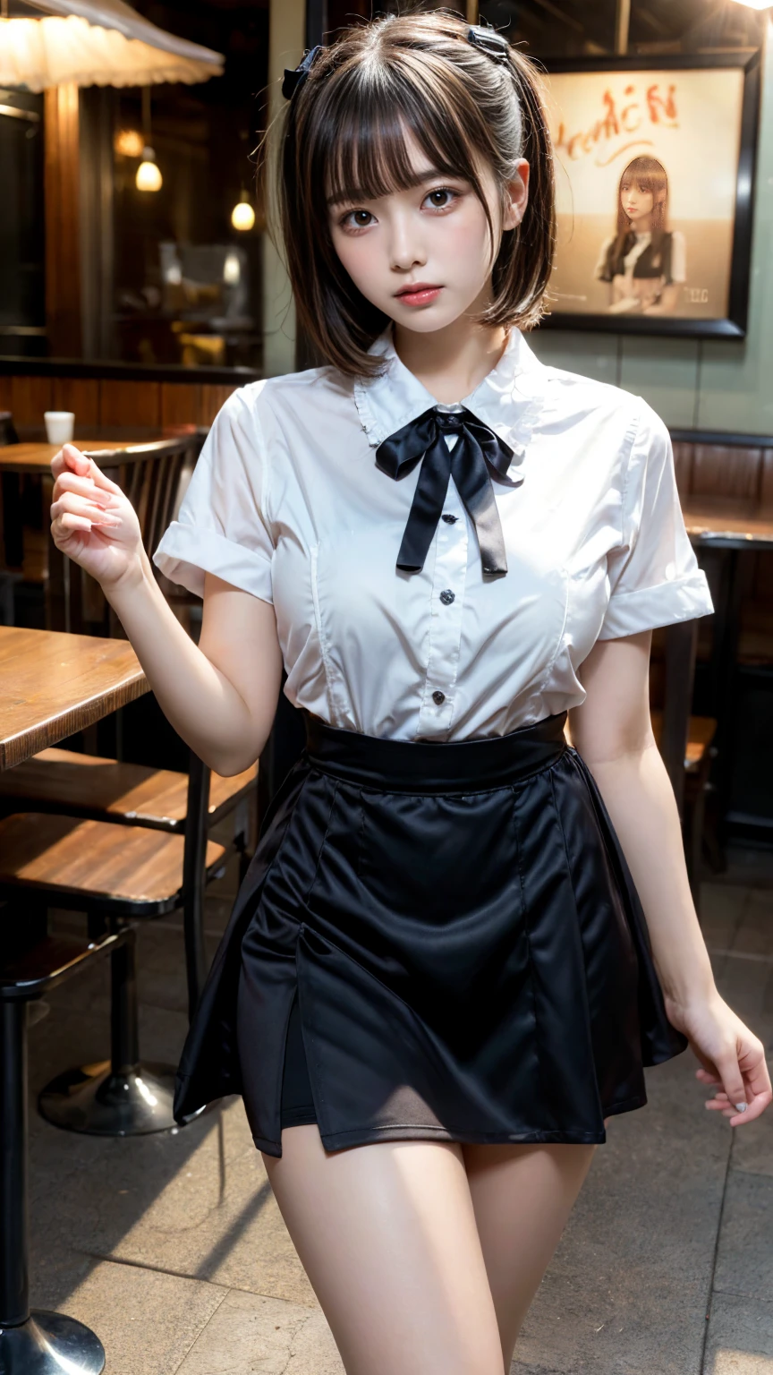 masterpiece, best quality, illustration, Super detailed, fine details, High resolution, 8K,wall paper, perfect dynamic composition,(Details High quality, realistic depiction of eyes:1.3), waitress uniform, restaurant, large breasts, short bob hair、black hair color, Big Natural Color Lip, bold sexy pose, crying a little、cold gaze, Harajuku style、20 year old girl、cute type、lolita、beautiful legs, gravure idol, Voluptuous thighs