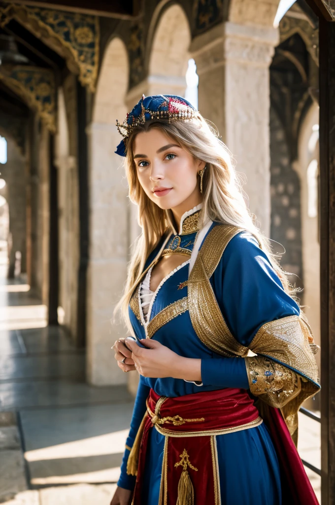 8K,Caucasian female dancer,Medieval dancer's costume,Super Beauty(Like the real thing),Professional quality high resolution、Perfect contrast、Perfect lighting、Perfect composition、Perfect Skin、Perfect Fingers、Perfect breasts、Perfect Hair、Perfect Face、Realistic facial features,masterpiece,Photorealistic RAW photos,Bright colors,Rich colors,50mm lens,Nikon D850,super highest quality,Slim figure,Perfect body line,Perfect hand shape,Anatomical body balance,Highly detailed face,Highly detailed eyes,Beautiful Lips,Excellent light particles,Cinema Lighting,Makeup,Ultra-high resolution,Ultra-Realistic Skin,Sexy woman closeup,Ample breasts,Dynamic pose,A pose that emphasizes cleavage,