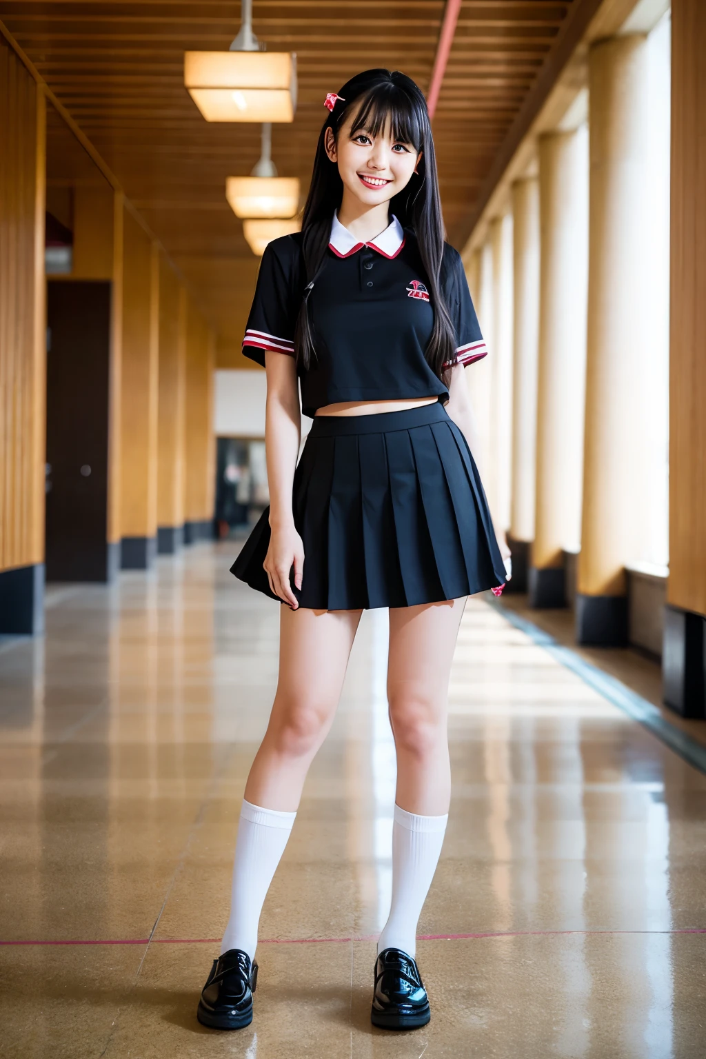 Standing in a large, empty room、Cute black hair、Twin-tailed high school girl、Summer uniform、Japanese、Makeup and a pretty face like an idol、Smiling、mini skirt、Full body portrait