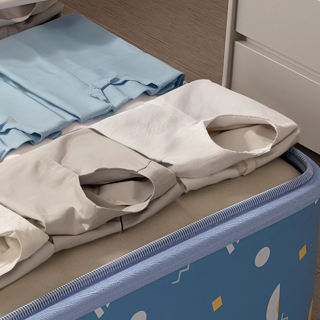 There are multiple folded shirts in the suitcase, Cloth simulation, High quality details, High quality detailss, Clothes float, Realistic fabrics, Cloth simulation with houdini, Perfect details, High detail clothing, Printing preparation, Close-up portrait, Blue underwear, Clothes are torn, flowing Realistic fabrics, Fabric, cotton, High Detail, Subtle details