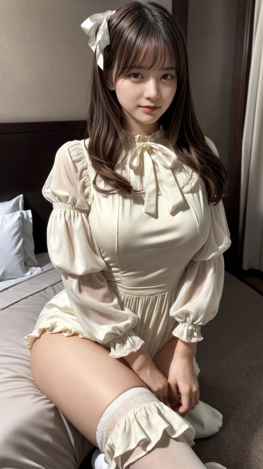 (absurdres:1.3), (highres:1.3), (ultra detailed:1.3),(1girl:1.3), (extremely detailed CG unity 8k wallpaper:1.3), (detailed skin texture, detailed cloth texture, detailed hair texture), (beautiful detailed face, supermodel, pale skin, realistic glistening skin), (RAW photo, best quality), (realistic, photo-realistic:1.4), masterpiece, extremely delicate and beautiful,Amazing, finely detail, extremely detailed CG unity 8k wallpaper, huge filesize, ultra-detailed, highres, absurdres, soft light,rim light, vibrant details, (hotel room:1.2), straight hair, black hair color, Big Natural Color Lip, large breasts, (perfect body shape), beautiful legs, BREAK ((high-quality color that combines light-beige and ivory-white) theme:1.4), (tone on tone:1.3), ((classic fashion, girly fashion):1.3), (layering:1.3), (wearing a (maxi length light-beige pinafore dress) over a (long bell bottom sleeve ivory-white victorian blouse with white jabot):1.4), ((fit body, emphasized body line):1.3), (fine satin fabric:1.4), ((ruffles, floral lace):1.3), (white ankle socks with ruffle trim:1.2), (white ribbon on hair:1.4), (pumps:1.1),
crying a little、little smile, Harajuku style、20 year old girl