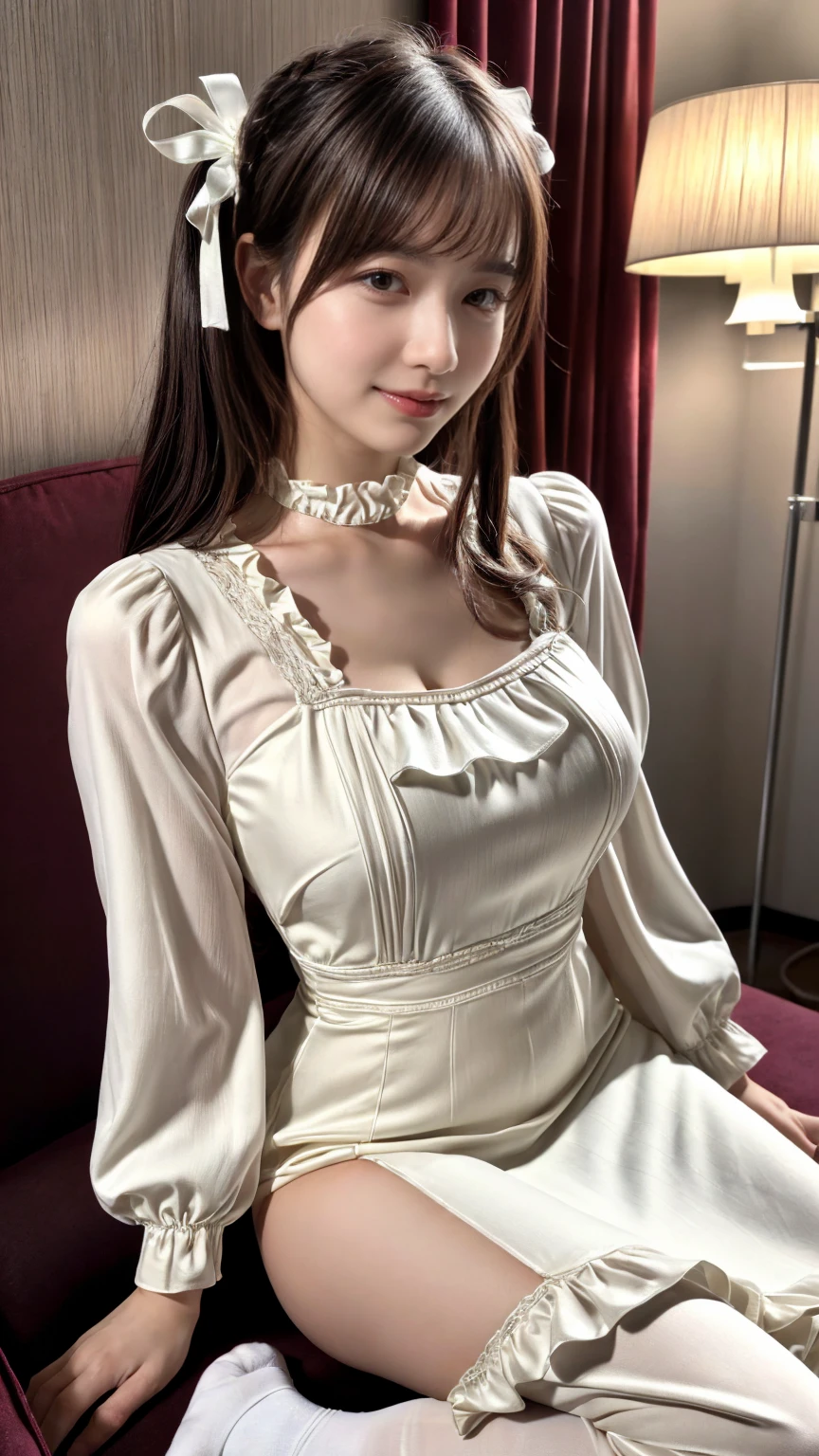 (absurdres:1.3), (highres:1.3), (ultra detailed:1.3),(1girl:1.3), (extremely detailed CG unity 8k wallpaper:1.3), (detailed skin texture, detailed cloth texture, detailed hair texture), (beautiful detailed face, supermodel, pale skin, realistic glistening skin), (RAW photo, best quality), (realistic, photo-realistic:1.4), masterpiece, extremely delicate and beautiful,Amazing, finely detail, extremely detailed CG unity 8k wallpaper, huge filesize, ultra-detailed, highres, absurdres, soft light,rim light, vibrant details, (hotel room:1.2), straight hair, black hair color, Big Natural Color Lip, large breasts, (perfect body shape), beautiful legs, BREAK ((high-quality color that combines light-beige and ivory-white) theme:1.4), (tone on tone:1.3), ((classic fashion, girly fashion):1.3), (layering:1.3), (wearing a (maxi length light-beige pinafore dress) over a (long bell bottom sleeve ivory-white victorian blouse with white jabot):1.4), ((fit body, emphasized body line):1.3), (fine satin fabric:1.4), ((ruffles, floral lace):1.3), (white ankle socks with ruffle trim:1.2), (white ribbon on hair:1.4), (pumps:1.1),
 crying a little、little smile, Harajuku style、20 year old girl