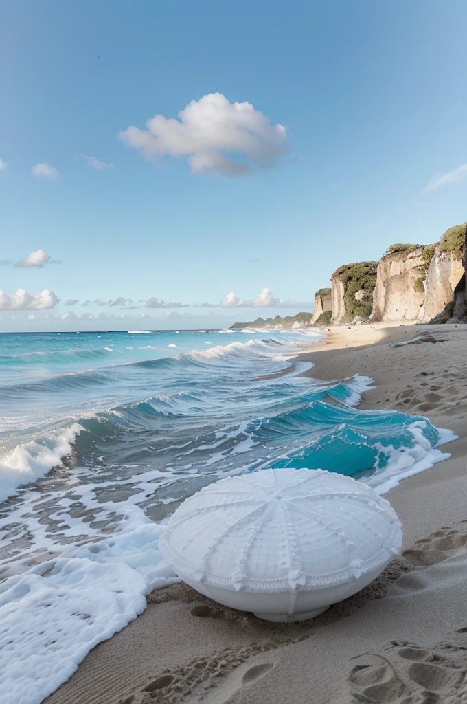 "Une plage de sable blanc immaculé bordée de cocotiers se balançant doucement dans la brise. L'eau turquoise cristalline scintille sous le soleil éclatant, reflétant un ciel sans nuages d'un bleu profond. Au loin,