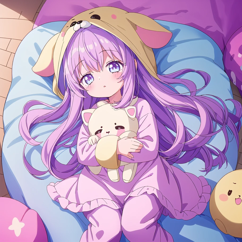 One girl,The best composition、 fluffy、Loose、A heartwarming world、masterpiece, Highest quality,Super detailed, One girl, From above,Little,pastel colour、Sleeping with eyes closed in animal costume pajamas、cute、