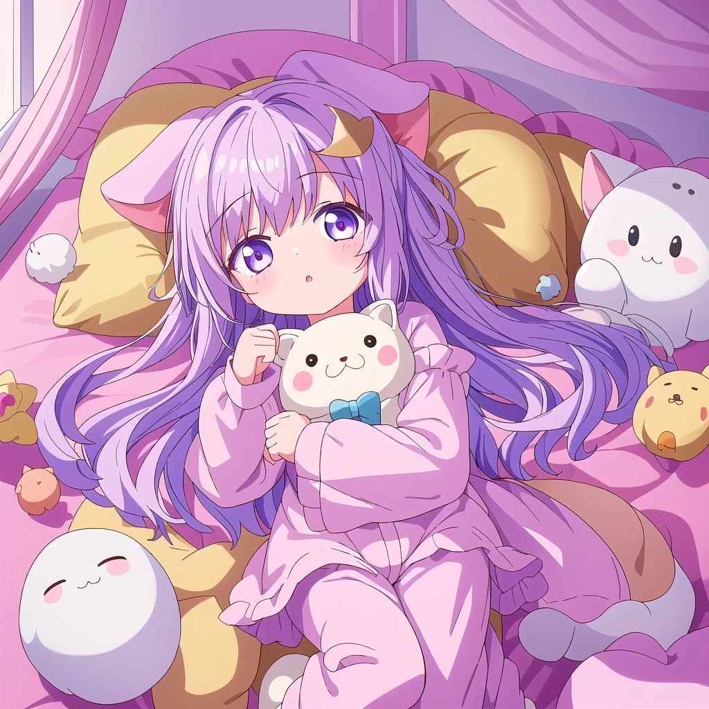 One girl,The best composition、 fluffy、Loose、A heartwarming world、masterpiece, Highest quality,Super detailed, One girl, From above,Little,pastel colour、Sleeping with eyes closed in animal costume pajamas、cute、