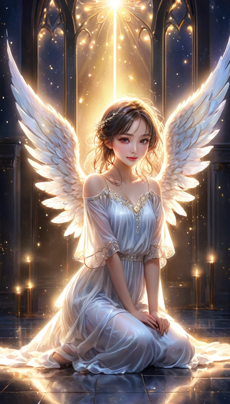  (About 4 years)Angel, delicate Angel wings,Kneel on the floor,Bright Night,Wherever you are, Magic Background(Refined details),(Artwork),(high quality)
