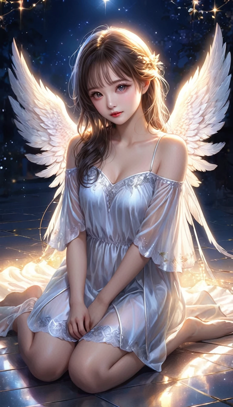  (About 4 years)Angel, delicate Angel wings,Kneel on the floor,Bright Night,Wherever you are, Magic Background(Refined details),(Artwork),(high quality)