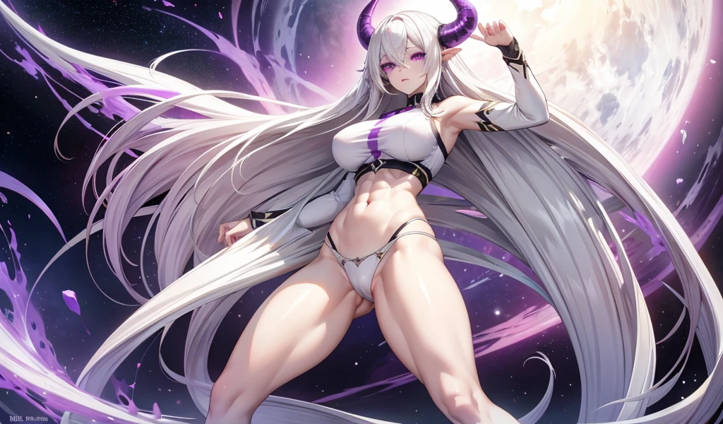 Adult woman with long white hair, Huge breasts,pale skin，Demon horn，Purple Eyes，White top，Abdominal muscles，Bare arms，thong，Bare Legs，Standing，Big snake