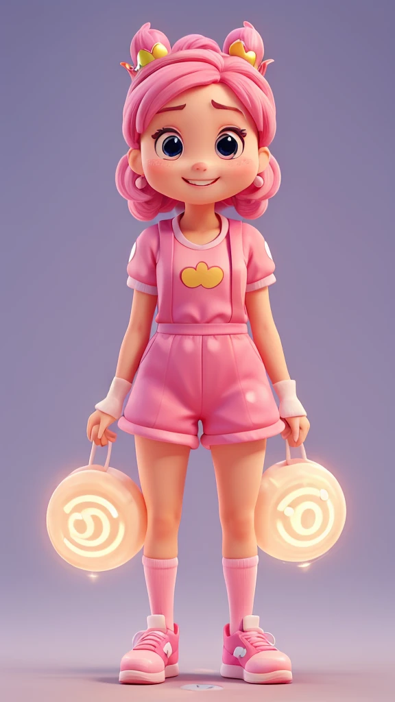 Adorable 3D animated poop character。The character is shaped like a soft serve ice cream.、Painted in bright pink hues。Has thin, rod-like limbs、His hands are shaped like Mickey Mouse。He wears basketball shoes。The character is standing facing forward.、With a smile on her face、Characterized by large round eyes。He wears a small crown on his head。There are sparkling effects around the characters.、Overall it gives a cute and friendly impression.。