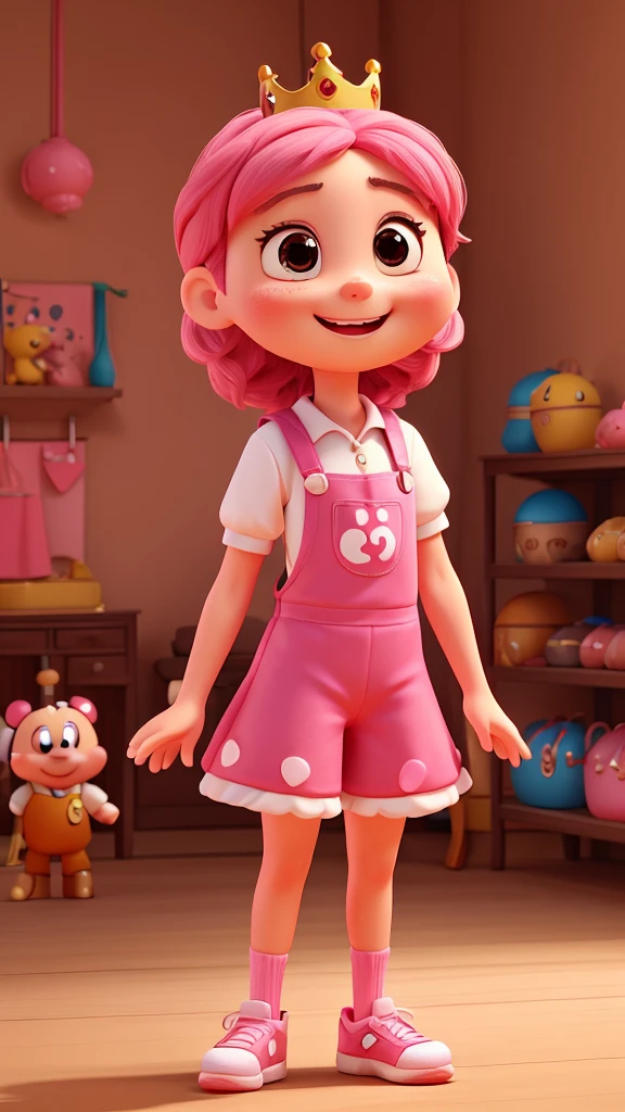 Adorable 3D animated poop character。The character is shaped like a soft serve ice cream.、Painted in bright pink hues。Has thin, rod-like limbs、His hands are shaped like Mickey Mouse。He wears basketball shoes。The character is standing facing forward.、With a smile on her face、Characterized by large round eyes。He wears a small crown on his head。There are sparkling effects around the characters.、Overall it gives a cute and friendly impression.。