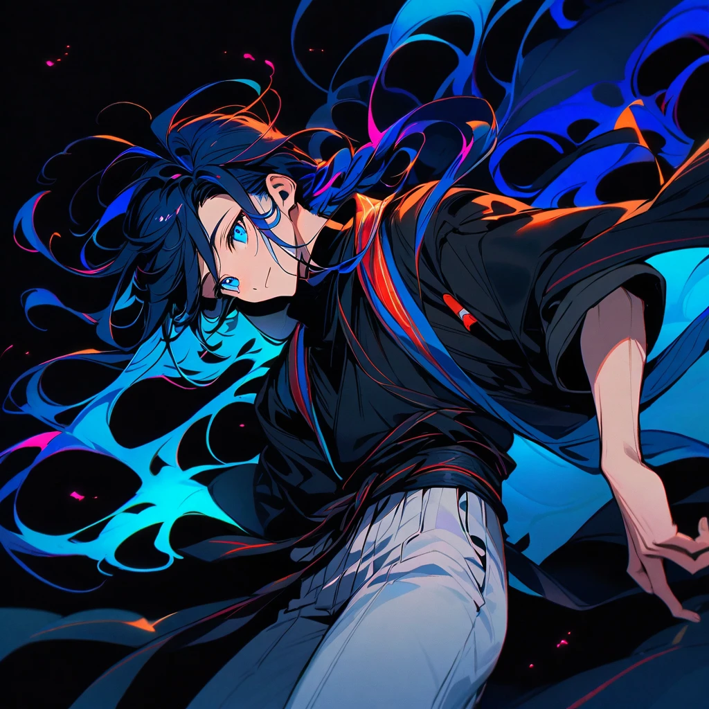 (well done:1) man, long vibrant blue hair with loose strands on each side of the head with some loose strands that fall around the face, blue eyes, closed white haori, black shirt, black sash tied around the waist, white pants , wooden clog.