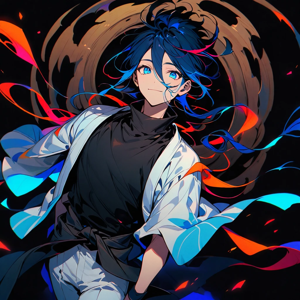 (well done:1) man, long vibrant blue hair with loose strands on each side of the head with some loose strands that fall around the face, blue eyes, closed white haori, black shirt, black sash tied around the waist, white pants , wooden clog.