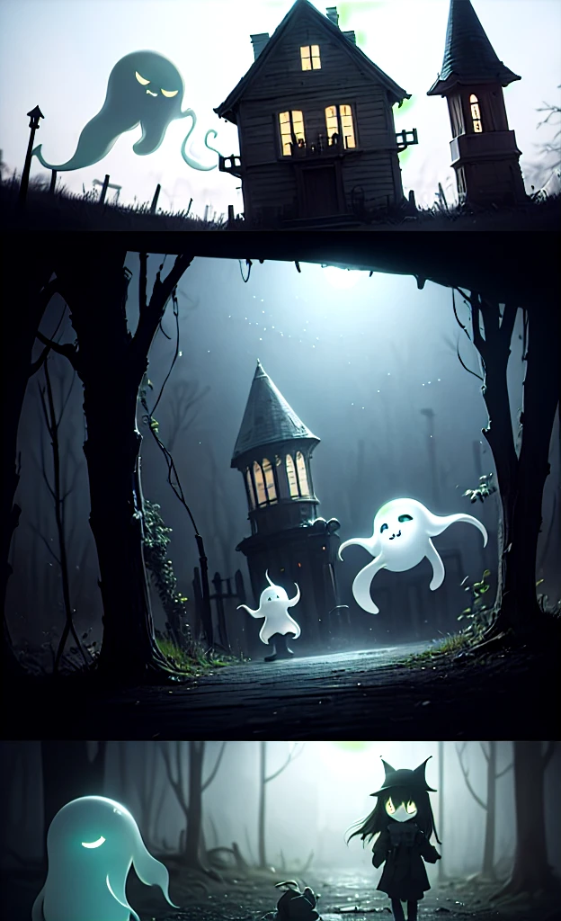 masterpiece, Highest quality,  Explore a haunted theme park, haunted by cute chibi ghosts, cute, Whimsical, Shine, Shineing, fun, Stupid, Mysterious, Magic, Mysterious, funny, interesting