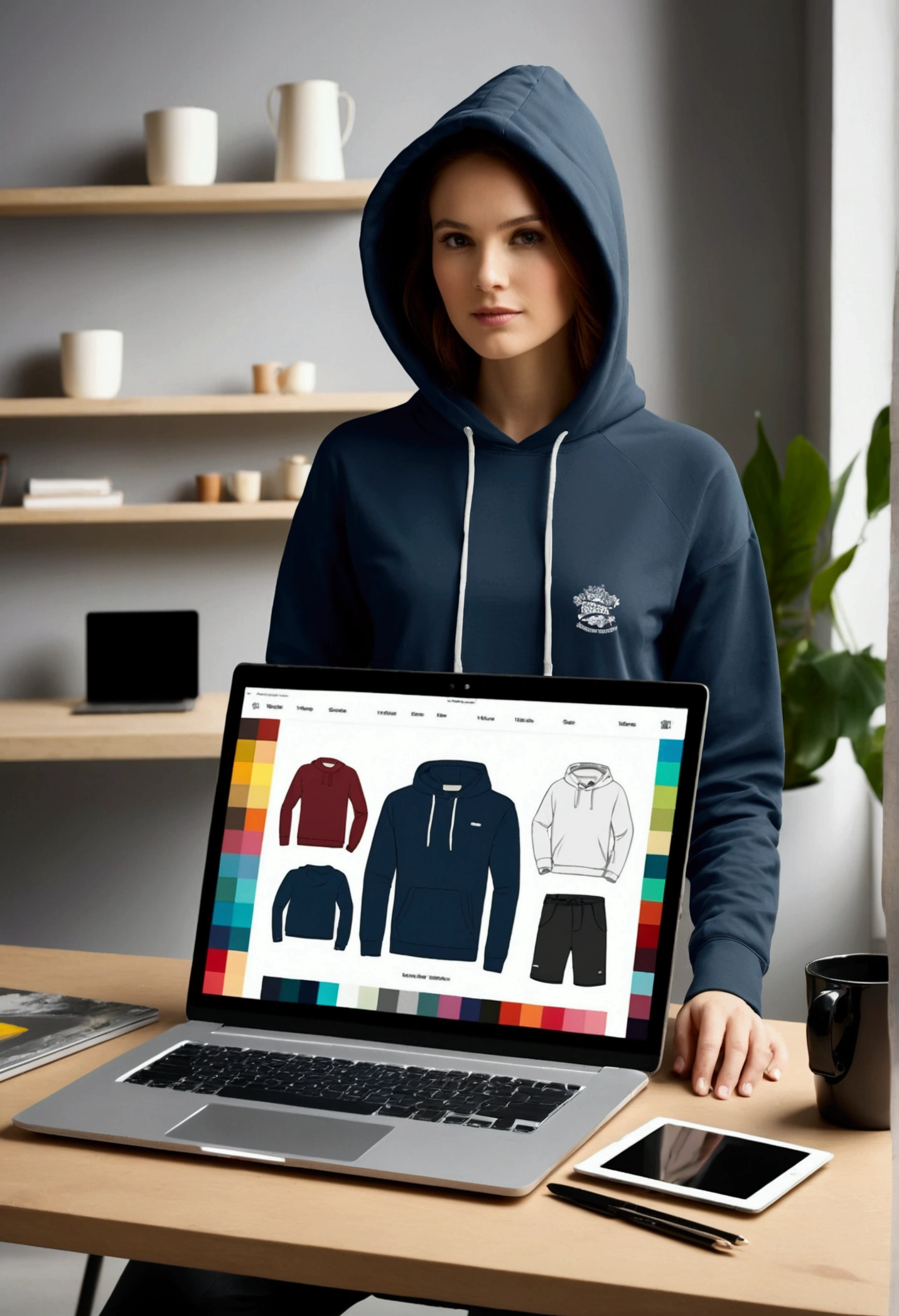 A modern and user-friendly online designer for a textile website is shown. The screen of a laptop or tablet shows the designer&#39;s user interface, showing a T-shirt or hoodie. The designer allows the user, Colors to choose, Add texts and upload images. The user interface should be intuitive and clear, with clear options and tools, which are easily accessible. In the background of the picture you could see a stylish and comfortable working environment, that conveys creativity and comfort. Hands may be visible, who work with the designer, to emphasize the interactive aspect