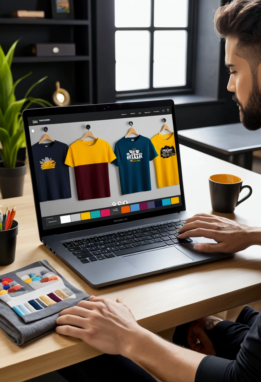 A modern and user-friendly online designer for a textile website is shown. The screen of a laptop or tablet shows the designer&#39;s user interface, showing a T-shirt or hoodie. The designer allows the user, Colors to choose, Add texts and upload images. The user interface should be intuitive and clear, with clear options and tools, which are easily accessible. In the background of the picture you could see a stylish and comfortable working environment, that conveys creativity and comfort. Hands may be visible, who work with the designer, to emphasize the interactive aspect