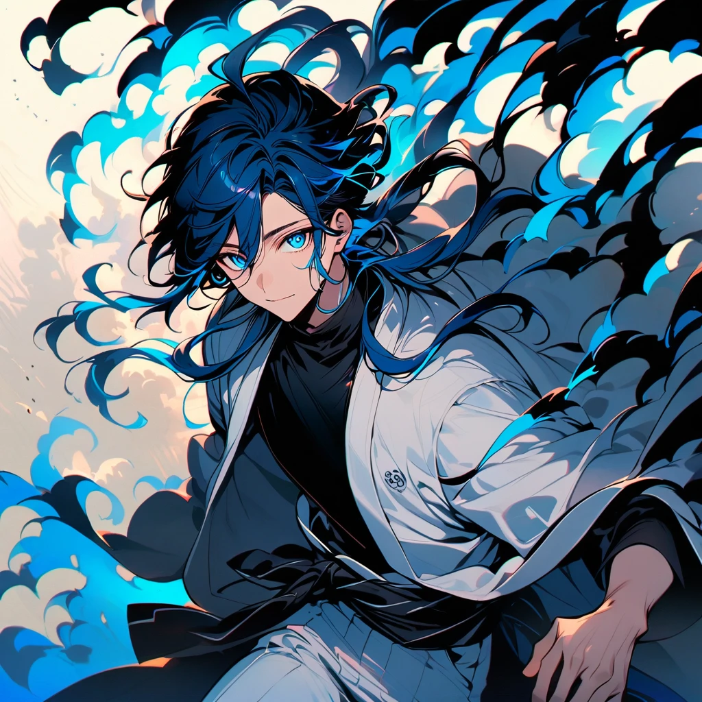 (well done:1) man, long vibrant blue hair with loose strands on each side of the head with some loose strands that fall around the face, blue eyes, closed white haori, black shirt, black sash tied around the waist, white pants , wooden clog.