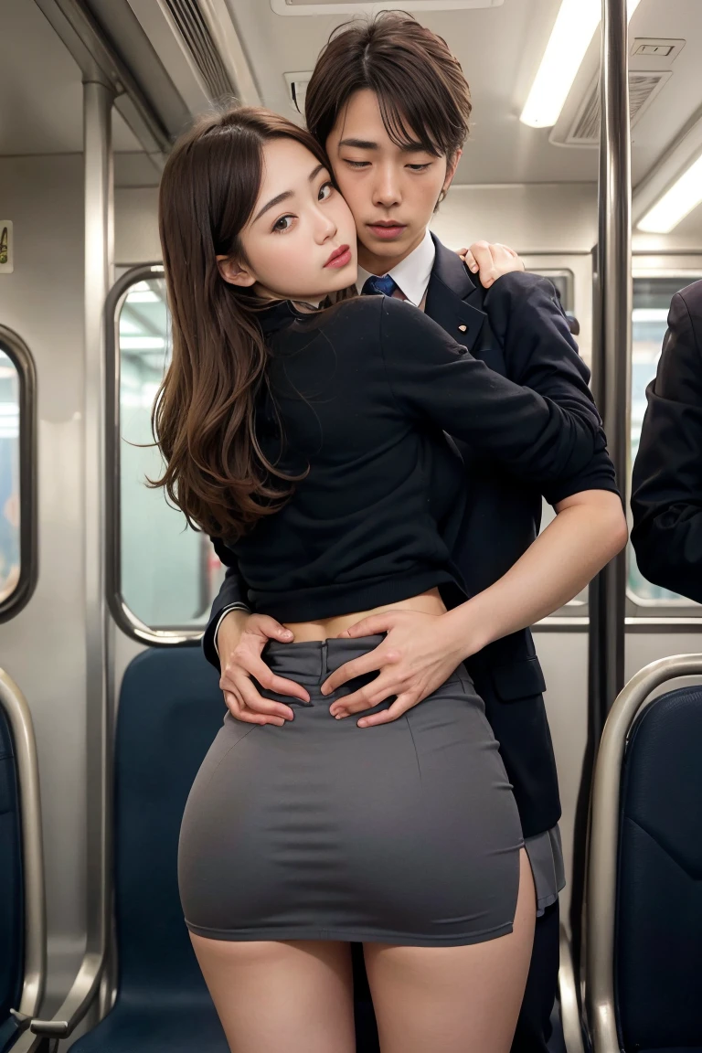 NSFW Viewer discretion advised, Crowded train, Japan , Handsome man hugging his girlfriend from behind, speak in her ear, Lift her up, Miniskirt twisted up, 40k, photograph, masterpiece, Highest quality, Dark Gray Background, 　((Japan girls' high school uniform)), An elderly man is leaning on her from behind、i held you up, Mr..々Strike a Pose.A man touches my buttocks with his hand,A man touches my buttocks,A man grabs my buttocks