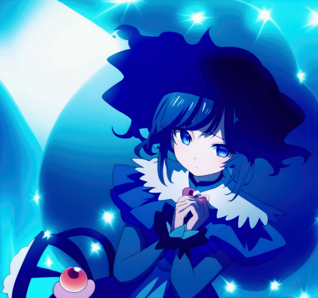 Anime girl with blue hair and blue dress, blue aura, from toho, ulcer toho, ulcer, ulcer from toho, toho character, an anime portrait of ulcer, toho, dreamy psychedelic anime, magical girl anime Mahou Shojo, Fubuki, an aura of magic around her, black-haired magician