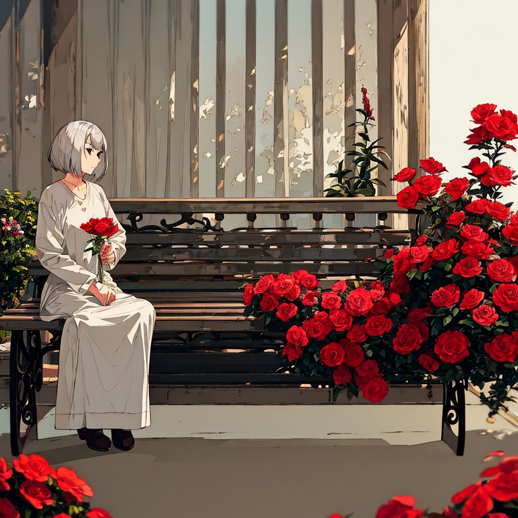 Light gray background, woman sitting on bench, silver hair, short hair, red flower