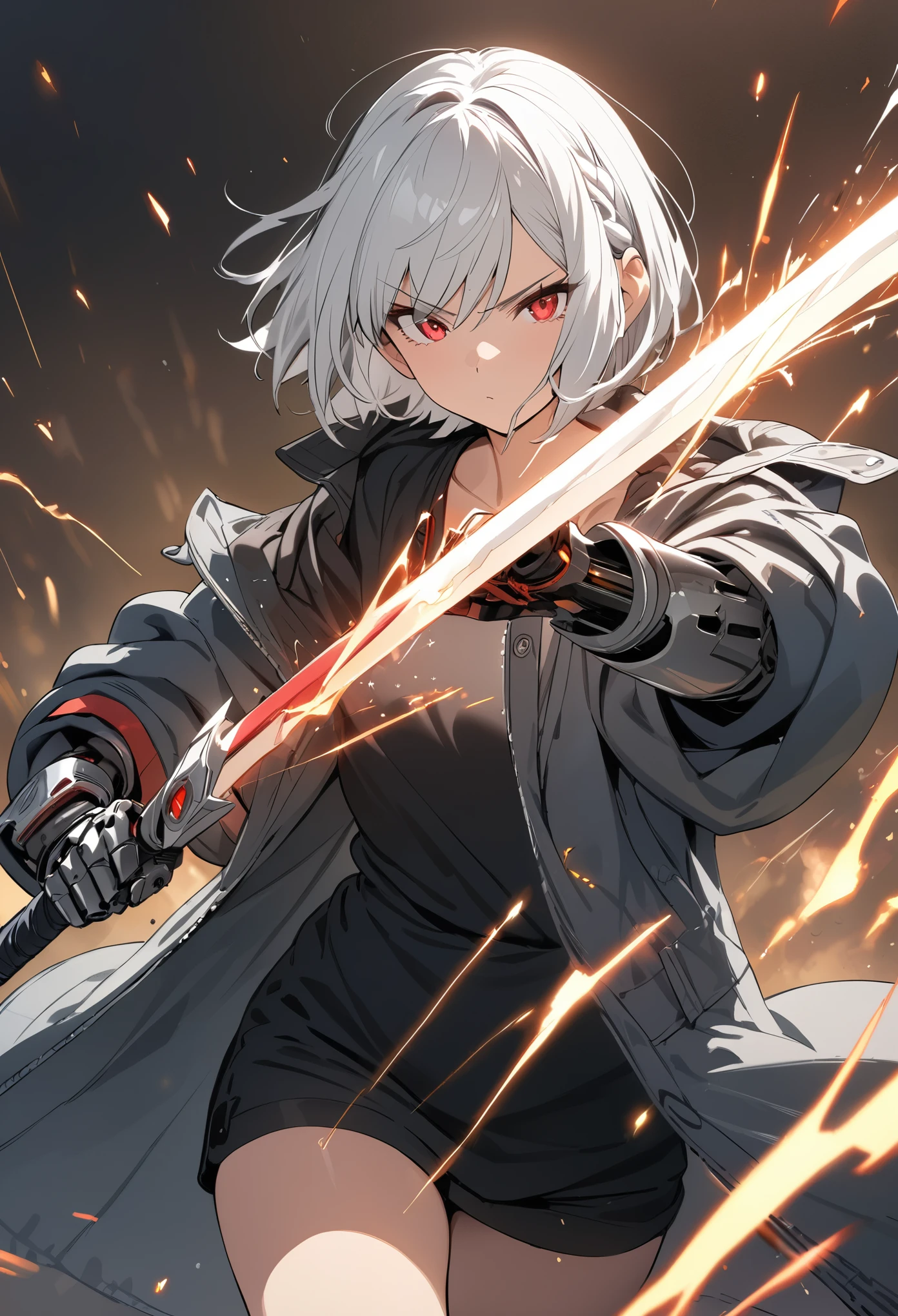 ((masterpiece)), (Highest quality), (Simple style), Silver-white hair, braided hair, short bob, red eyes, oversized jacket, prosthetic arm, holding a sword, sparks