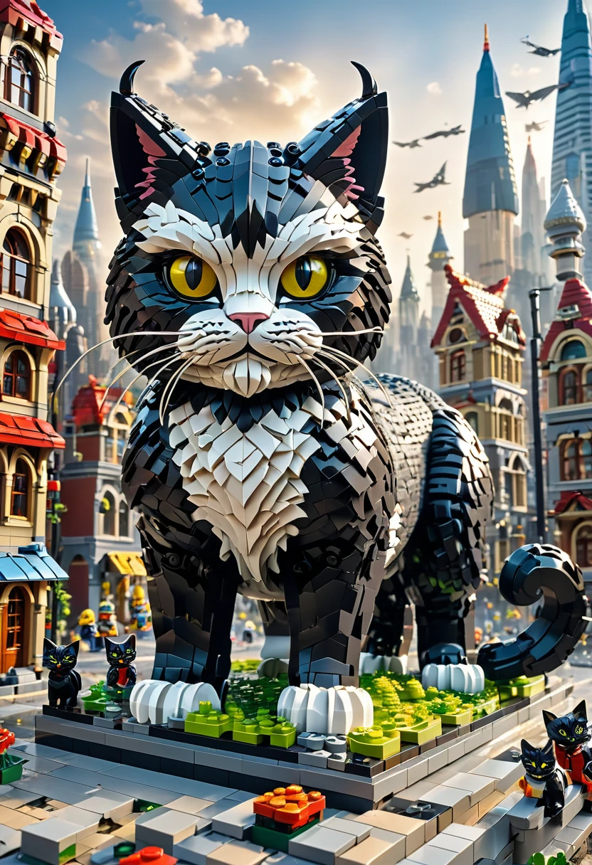 best quality, very good, 16K, ridiculous, Very detailed, Giant Cat Monster，，Made of Lego, （（Destroying the city））（（A masterpiece full of fantasy elements）））， （（best quality））， （（Intricate details））（8K）