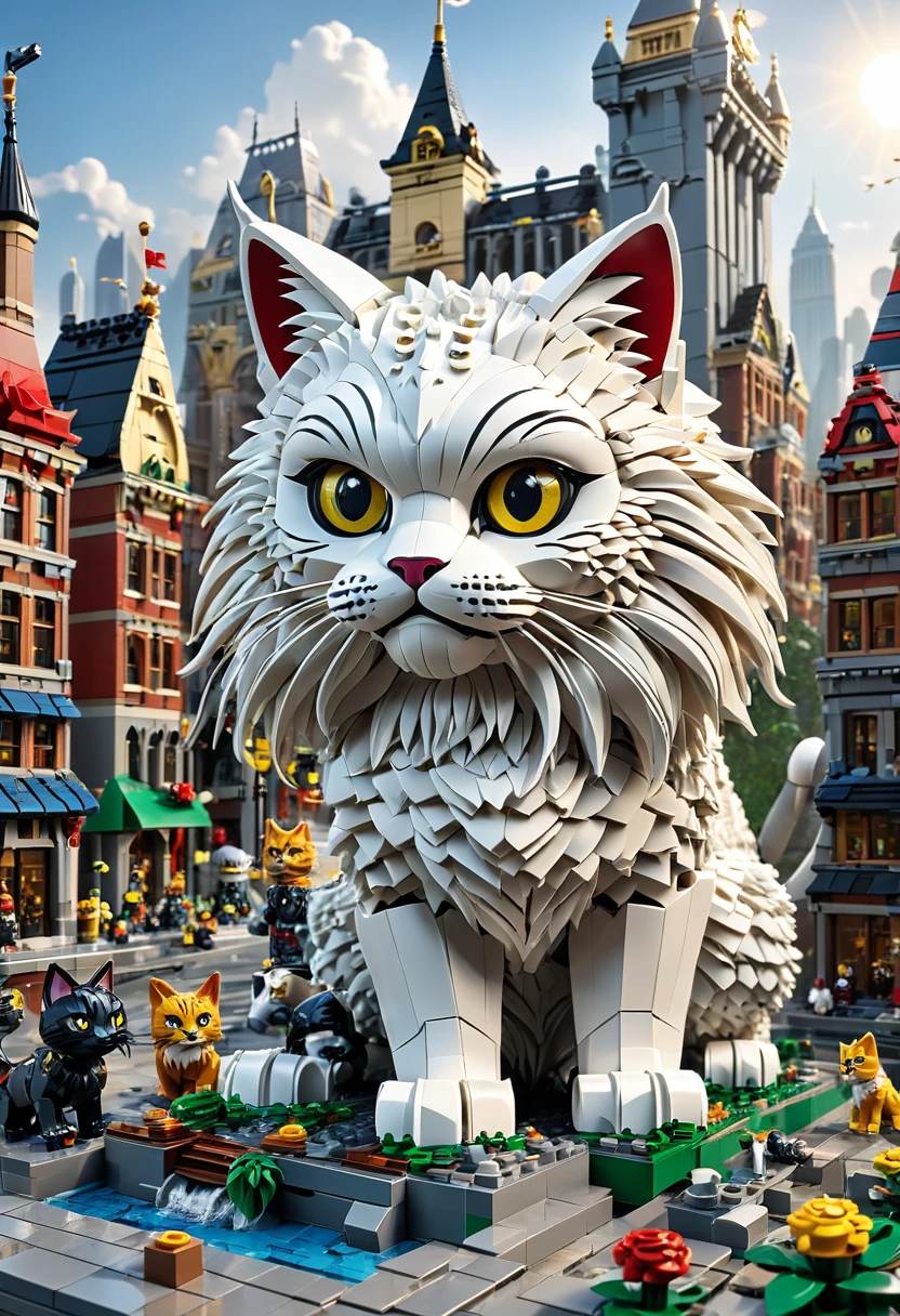 best quality, very good, 16K, ridiculous, Very detailed, Giant Cat Monster，，Made of Lego, （（Destroying the city））（（A masterpiece full of fantasy elements）））， （（best quality））， （（Intricate details））（8K）