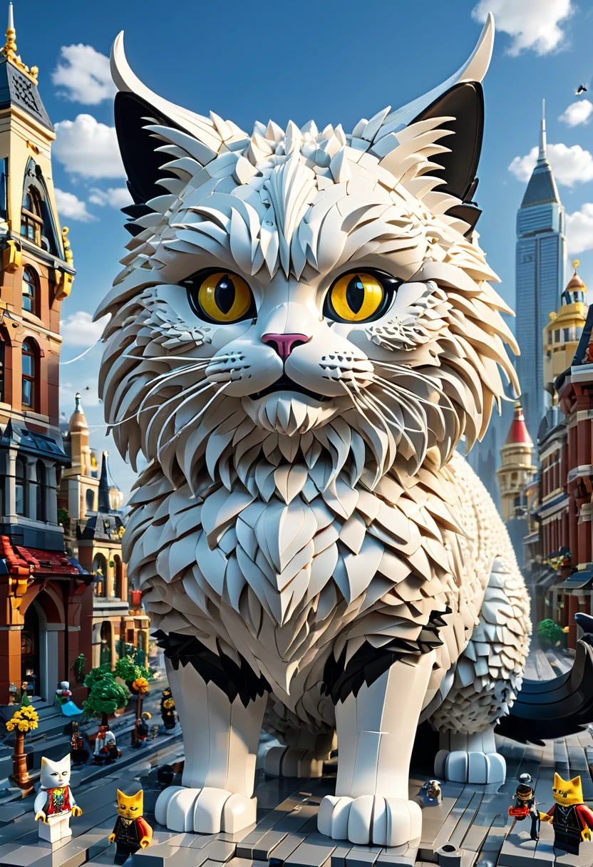 best quality, very good, 16K, ridiculous, Very detailed, Giant Cat Monster，，Made of Lego, （（Destroying the city））（（A masterpiece full of fantasy elements）））， （（best quality））， （（Intricate details））（8K）