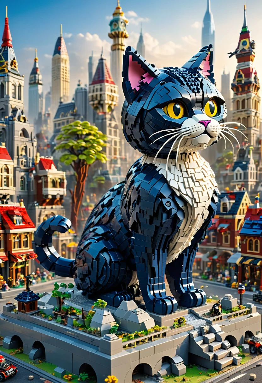 best quality, very good, 16K, ridiculous, Very detailed, Giant Cat Monster，，Made of Lego, （（Destroying the city））（（A masterpiece full of fantasy elements）））， （（best quality））， （（Intricate details））（8K）