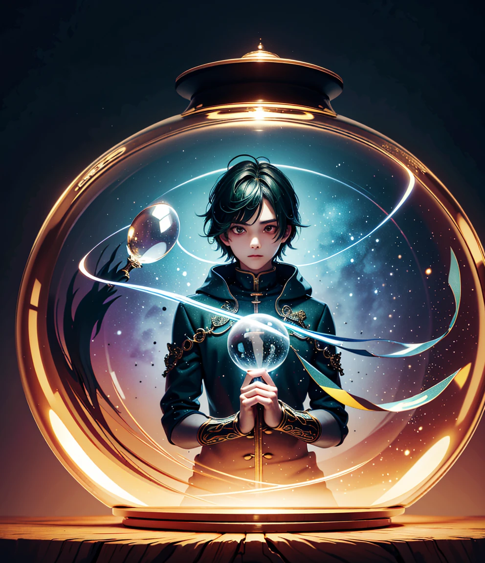 (Boy trapped in a crystal ball),alone, fantasy art style,Guweiz style work, dark green hair，best quality best at best, round glass cover, very round crystal ball, best quality best,masterpiece,ultra high resolution,(masterpiece),best quality best, 1 Boy在水晶球里面, expressive eyes, It&#39;s a perfect face, Telegraph slang, sat down,(Yuki, building, christmas, christmas 트리),1 Boy,,English text,Yukiing，