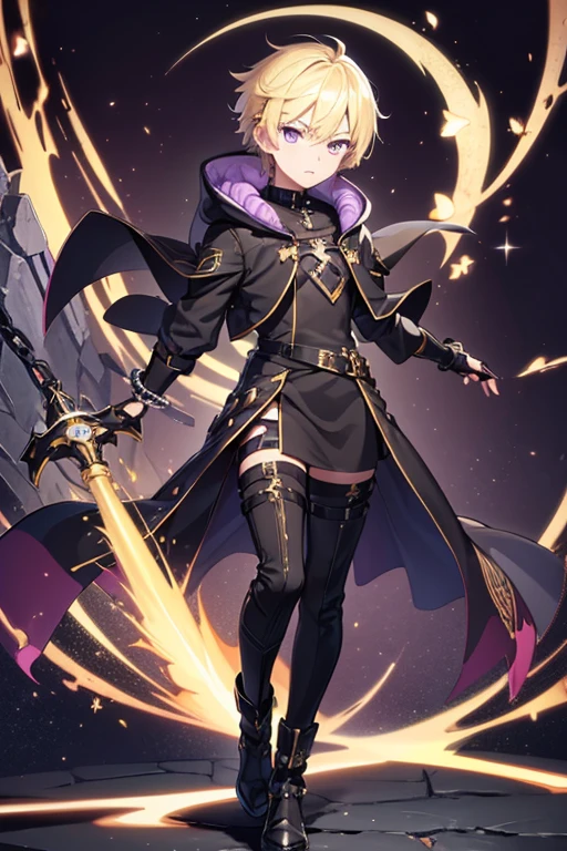 1 boy, masterpiece, solo, anime, detailed face, amethyst eyes, full body blac kjacket dress, fingerless gloves, set of headphones, detailed blondie spiky hair,nightscape, holding with a chained dagger, fantasy, adventure, magic 