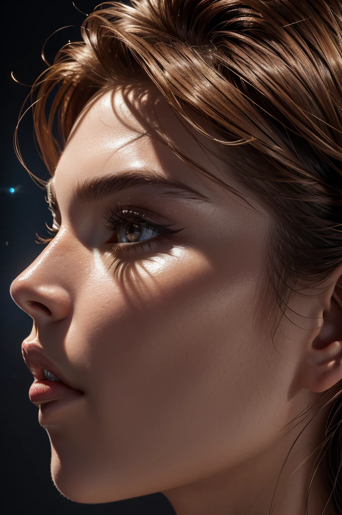 Estelle profile face angle, glistening skin, studio, super detailed, HD, visible pores, perfect hair, very detailed hair, perfect, very beautiful, a hyper realistic, masterpiece, highly detailed, cinematic lighting, ray tracing, cinematic composition. award winning photo, high contrast, light sparkles, clear face, beautiful dark brown eyes, eyes match, perfect eyelashes