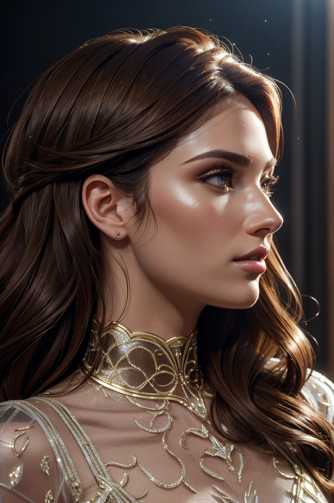 Estelle profile face angle, glistening skin, studio, super detailed, HD, visible pores, perfect hair, very detailed hair, perfect, very beautiful, a hyper realistic, masterpiece, highly detailed, cinematic lighting, ray tracing, cinematic composition. award winning photo, high contrast, light sparkles, clear face, beautiful dark brown eyes, eyes match, perfect eyelashes