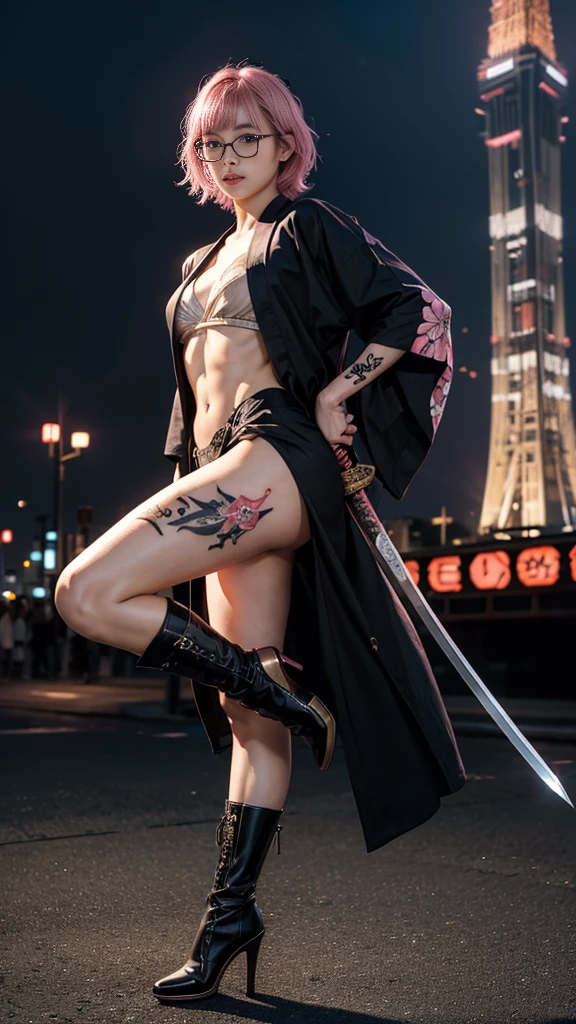 Cute Japanese woman, (), (very cute face: 1.3), red lips, white moist skin, mole, (glasses: 1.2)
BREAK,
Feminine body with high athletic ability, body of a female fitness model, feminine body with hard tones, (muscles: 1.2), (beautiful belly button),
BREAK,
Fighter, kung fu fighter, idol, (Yakuza), (gangster),
BREAK,
(wearing a cute black kimono: 1.3), (kimono that is revealing), (Stiletto heels, black heeled boots 1.3), very large earrings, short length,
BREAK,
Short hair, (Short bob hair), (Bangs: 1.2), (Pink hair: 1.3), (Wavy hair),
BREAK,
(Very large Japanese sword: 1.4), (Holding the handle of a Japanese sword: 1.3), (Fighting: 1.2), (Getting into a fighting stance), (Beautiful Japanese sword blade: 1.2)
BREAK,
(Japanese tattoo: 1.4),
BREAK,
Masterpiece, Perfect lighting, Ultra high resolution, 8K, (Highly detailed: 1.4), (From the front), Looking at the camera, Melancholic expression,
BREAK,
(Tokyo Tower: 1.2), Tokyo Tower in Japan background, (Neon lights: 1.2)
