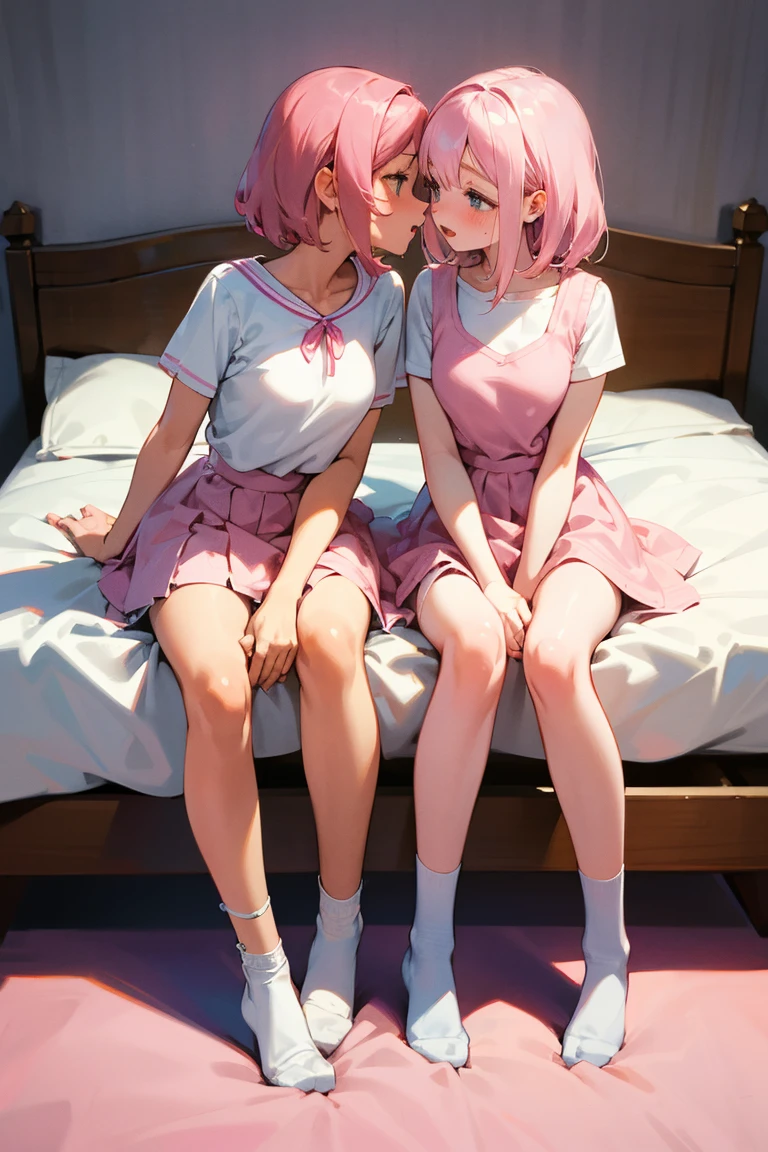 Ear Blush, Masterpiece, 1Girl, Fangs, Perfect Woman, , Pink Hair, Double Tail, Colored Inner Hair, Surrealism, Pure, , Cute, 8K , standing straight, picture frome the legs, sexy, pantyhose, naked, skinny, beautiful , kissing, kiss each other, skinny, 